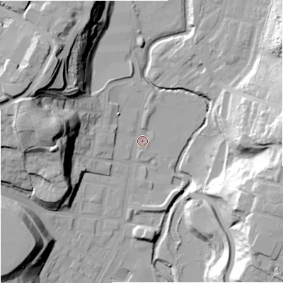 Shaded relief map of the ground around M85XF, computed from Environment Agency LiDAR. The ground here sits at about 45 m above sea level and falls 40 m across the surrounding 800 m. Surface water reaching this point runs off ground lying to the west, 33.9 m higher.