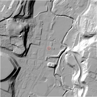 Shaded relief map of the ground around M85XH, computed from Environment Agency LiDAR. The ground here sits at about 45 m above sea level and falls 40 m across the surrounding 800 m. Surface water reaching this point runs off ground lying to the west, 6.8 m higher.