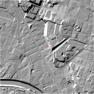 Shaded relief map of the ground around M88DQ, computed from Environment Agency LiDAR. The ground here sits at about 28 m above sea level and falls 29 m across the surrounding 800 m. Surface water reaching this point runs off ground lying to the east, 12.6 m higher.