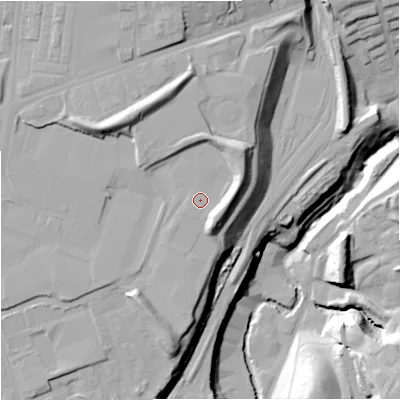 Shaded relief map of the ground around M88DT, computed from Environment Agency LiDAR. The ground here sits at about 58 m above sea level and falls 36 m across the surrounding 800 m. Surface water reaching this point runs off ground lying to the north-east, 6.4 m higher.
