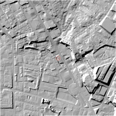 Shaded relief map of the ground around M88DU, computed from Environment Agency LiDAR. The ground here sits at about 33 m above sea level and falls 32 m across the surrounding 800 m. Surface water reaching this point runs off ground lying to the north-north-west, 10.6 m higher.