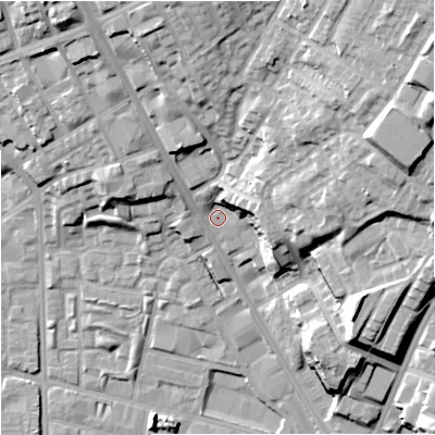Shaded relief map of the ground around M88DY, computed from Environment Agency LiDAR. The ground here sits at about 34 m above sea level and falls 33 m across the surrounding 800 m. Surface water reaching this point runs off ground lying to the north-east, 24.2 m higher.