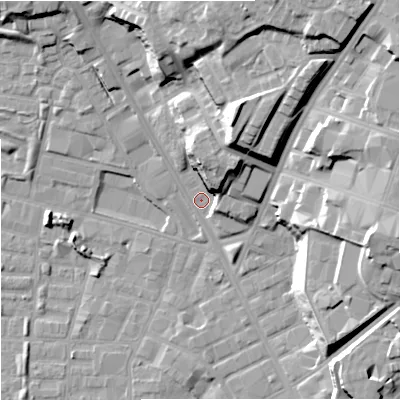 Shaded relief map of the ground around M88EB, computed from Environment Agency LiDAR. The ground here sits at about 28 m above sea level and falls 27 m across the surrounding 800 m. Surface water reaching this point runs off ground lying to the north-east, 25.0 m higher.