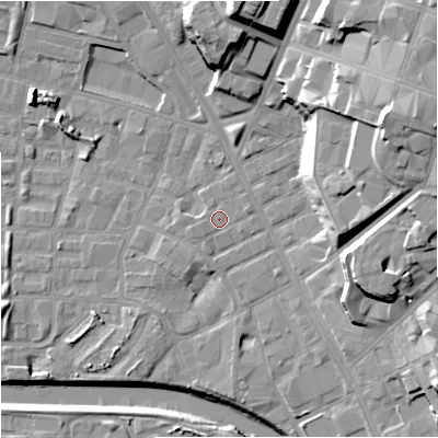 Shaded relief map of the ground around M88EE, computed from Environment Agency LiDAR. The ground here sits at about 27 m above sea level and falls 27 m across the surrounding 800 m. Surface water reaching this point runs off ground lying to the east-north-east, 22.0 m higher.