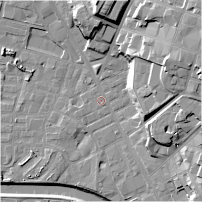 Shaded relief map of the ground around M88EF, computed from Environment Agency LiDAR. The ground here sits at about 27 m above sea level and falls 29 m across the surrounding 800 m. Surface water reaching this point runs off ground lying to the south-south-east, 0.8 m higher.