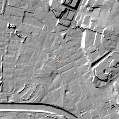 Shaded relief map of the ground around M88EG, computed from Environment Agency LiDAR. The ground here sits at about 27 m above sea level and falls 27 m across the surrounding 800 m. Surface water reaching this point runs off ground lying to the east-north-east, 22.0 m higher.