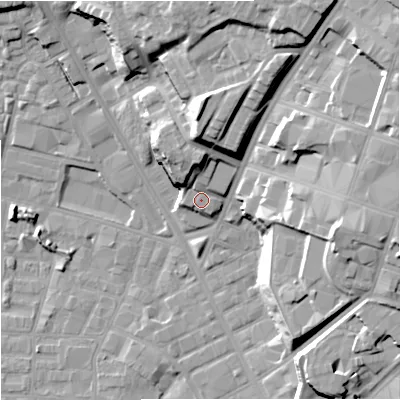 Shaded relief map of the ground around M88EJ, computed from Environment Agency LiDAR. The ground here sits at about 33 m above sea level and falls 27 m across the surrounding 800 m. Surface water reaching this point runs off ground lying to the north, 8.0 m higher.