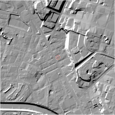 Shaded relief map of the ground around M88EL, computed from Environment Agency LiDAR. The ground here sits at about 27 m above sea level and falls 29 m across the surrounding 800 m. Surface water reaching this point runs off ground lying to the east-north-east, 20.9 m higher.