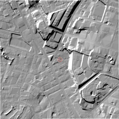 Shaded relief map of the ground around M88EN, computed from Environment Agency LiDAR. The ground here sits at about 28 m above sea level and falls 27 m across the surrounding 800 m. Surface water reaching this point runs off ground lying to the east-north-east, 20.0 m higher.