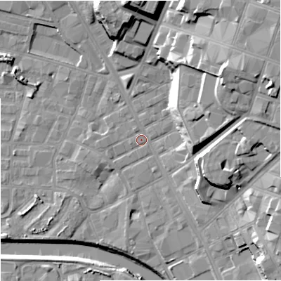 Shaded relief map of the ground around M88EQ, computed from Environment Agency LiDAR. The ground here sits at about 27 m above sea level and falls 28 m across the surrounding 800 m. Surface water reaching this point runs off ground lying to the east-north-east, 23.4 m higher.