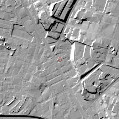 Shaded relief map of the ground around M88EU, computed from Environment Agency LiDAR. The ground here sits at about 28 m above sea level and falls 29 m across the surrounding 800 m. Surface water reaching this point runs off ground lying to the east-north-east, 1.2 m higher.