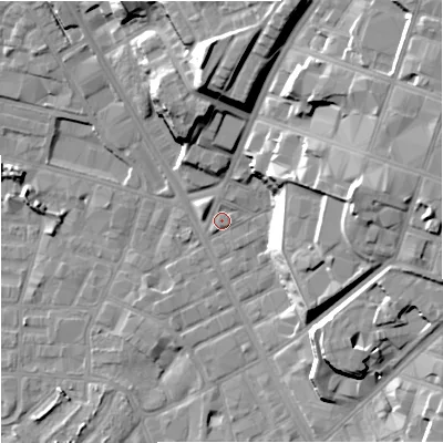 Shaded relief map of the ground around M88FJ, computed from Environment Agency LiDAR. The ground here sits at about 29 m above sea level and falls 27 m across the surrounding 800 m. Surface water reaching this point runs off ground lying to the north-east, 24.6 m higher.