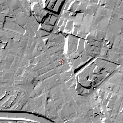 Shaded relief map of the ground around M88FN, computed from Environment Agency LiDAR. The ground here sits at about 28 m above sea level and falls 29 m across the surrounding 800 m. Surface water reaching this point runs off ground lying to the north-east, 20.5 m higher.