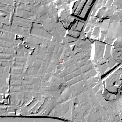Shaded relief map of the ground around M88FQ, computed from Environment Agency LiDAR. The ground here sits at about 27 m above sea level and falls 26 m across the surrounding 800 m. Surface water reaching this point runs off ground lying to the north-north-east, 22.3 m higher.