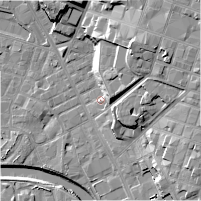 Shaded relief map of the ground around M88FR, computed from Environment Agency LiDAR. The ground here sits at about 29 m above sea level and falls 29 m across the surrounding 800 m. Surface water reaching this point runs off ground lying to the east-north-east, 12.5 m higher.