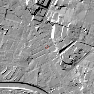 Shaded relief map of the ground around M88FT, computed from Environment Agency LiDAR. The ground here sits at about 27 m above sea level and falls 29 m across the surrounding 800 m. Surface water reaching this point runs off ground lying to the north-east, 21.0 m higher.
