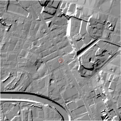 Shaded relief map of the ground around M88FW, computed from Environment Agency LiDAR. The ground here sits at about 27 m above sea level and falls 28 m across the surrounding 800 m. Surface water reaching this point runs off ground lying to the east-north-east, 19.8 m higher.