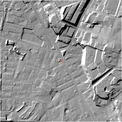 Shaded relief map of the ground around M88FX, computed from Environment Agency LiDAR. The ground here sits at about 27 m above sea level and falls 26 m across the surrounding 800 m. Surface water reaching this point runs off ground lying to the north-east, 24.1 m higher.