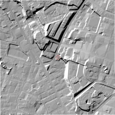 Shaded relief map of the ground around M88GJ, computed from Environment Agency LiDAR. The ground here sits at about 31 m above sea level and falls 29 m across the surrounding 800 m. Surface water reaching this point runs off ground lying to the north-east, 23.9 m higher.