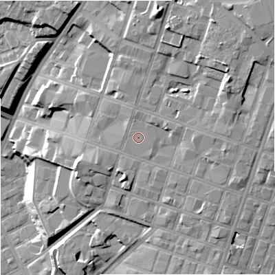Shaded relief map of the ground around M88NE, computed from Environment Agency LiDAR. The ground here sits at about 49 m above sea level and falls 32 m across the surrounding 800 m. Surface water reaching this point runs off ground lying to the north-east, 2.3 m higher.