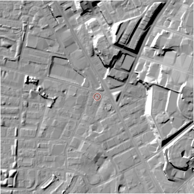 Shaded relief map of the ground around M89DY, computed from Environment Agency LiDAR. The ground here sits at about 27 m above sea level and falls 23 m across the surrounding 800 m. Surface water reaching this point runs off ground lying to the east-north-east, 0.9 m higher.