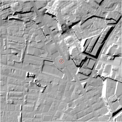 Shaded relief map of the ground around M89SG, computed from Environment Agency LiDAR. The ground here sits at about 28 m above sea level and falls 30 m across the surrounding 800 m. Surface water reaching this point runs off ground lying to the north-north-east, 0.7 m higher.