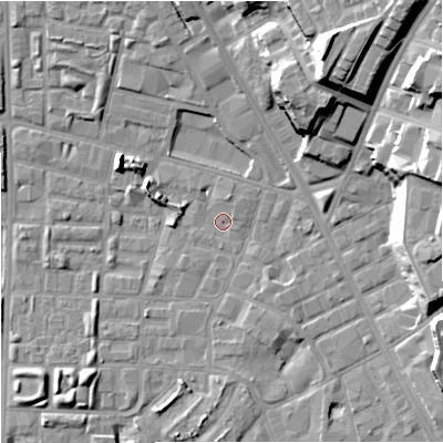Shaded relief map of the ground around M89SN, computed from Environment Agency LiDAR. The ground here sits at about 26 m above sea level and falls 23 m across the surrounding 800 m. Surface water reaching this point runs off ground lying to the north-north-east, 22.4 m higher.