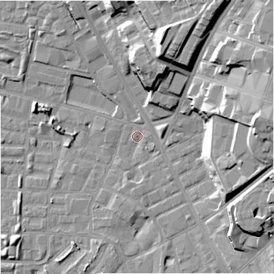 Shaded relief map of the ground around M89TW, computed from Environment Agency LiDAR. The ground here sits at about 27 m above sea level and falls 23 m across the surrounding 800 m. Surface water reaching this point runs off ground lying to the east, 1.4 m higher.