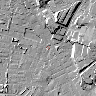 Shaded relief map of the ground around M89TY, computed from Environment Agency LiDAR. The ground here sits at about 27 m above sea level and falls 24 m across the surrounding 800 m. Surface water reaching this point runs off ground lying to the east-south-east, 1.0 m higher.