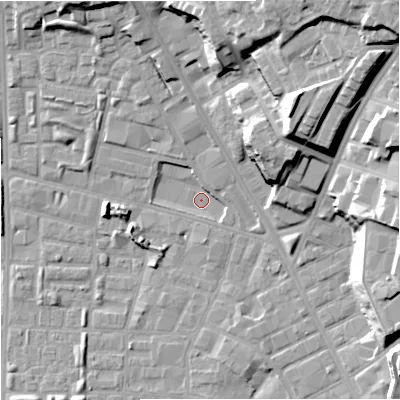 Shaded relief map of the ground around M89TZ, computed from Environment Agency LiDAR. The ground here sits at about 26 m above sea level and falls 27 m across the surrounding 800 m. Surface water reaching this point runs off ground lying to the north-north-west, 7.1 m higher.