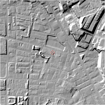 Shaded relief map of the ground around M89UE, computed from Environment Agency LiDAR. The ground here sits at about 27 m above sea level and falls 24 m across the surrounding 800 m. Surface water reaching this point runs off ground lying to the west, 3.7 m higher.