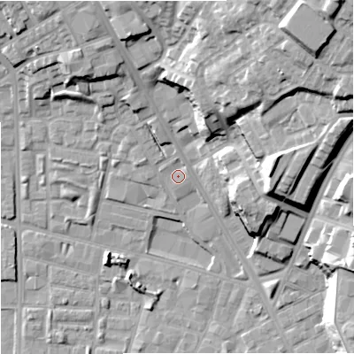Shaded relief map of the ground around M89YG, computed from Environment Agency LiDAR. The ground here sits at about 29 m above sea level and falls 33 m across the surrounding 800 m. Surface water reaching this point runs off ground lying to the north-north-east, 1.5 m higher.