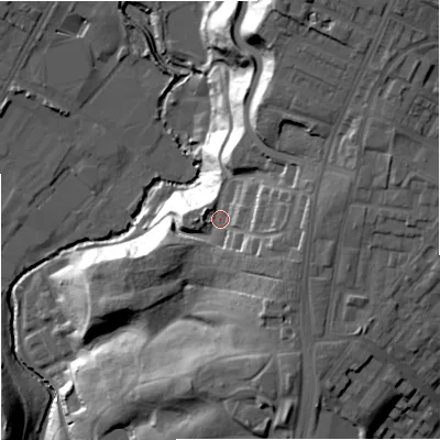 Shaded relief map of the ground around M91SP, computed from Environment Agency LiDAR. The ground here sits at about 62 m above sea level and falls 41 m across the surrounding 800 m. Surface water reaching this point runs off ground lying to the east-south-east, 10.2 m higher.