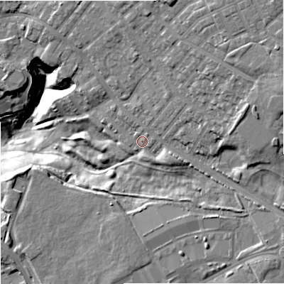 Shaded relief map of the ground around M94LL, computed from Environment Agency LiDAR. The ground here sits at about 73 m above sea level and falls 33 m across the surrounding 800 m. Surface water reaching this point runs off ground lying to the east-north-east, 16.4 m higher.