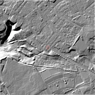 Shaded relief map of the ground around M94NF, computed from Environment Agency LiDAR. The ground here sits at about 74 m above sea level and falls 33 m across the surrounding 800 m. Surface water reaching this point runs off ground lying to the east-north-east, 15.1 m higher.
