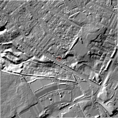 Shaded relief map of the ground around M94PA, computed from Environment Agency LiDAR. The ground here sits at about 75 m above sea level and falls 26 m across the surrounding 800 m. Surface water reaching this point runs off ground lying to the north-east, 14.9 m higher.