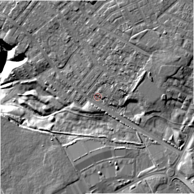 Shaded relief map of the ground around M94PB, computed from Environment Agency LiDAR. The ground here sits at about 74 m above sea level and falls 33 m across the surrounding 800 m. Surface water reaching this point runs off ground lying to the east-north-east, 15.0 m higher.