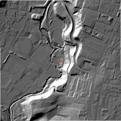 Shaded relief map of the ground around M95SP, computed from Environment Agency LiDAR. The ground here sits at about 41 m above sea level and falls 42 m across the surrounding 800 m. Surface water reaching this point runs off ground lying to the east-south-east, 31.3 m higher.
