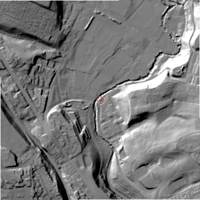 Shaded relief map of the ground around M95SU, computed from Environment Agency LiDAR. The ground here sits at about 40 m above sea level and falls 37 m across the surrounding 800 m. Surface water reaching this point runs off ground lying to the east, 28.3 m higher.