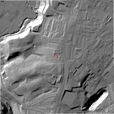 Shaded relief map of the ground around M95SX, computed from Environment Agency LiDAR. The ground here sits at about 70 m above sea level and falls 40 m across the surrounding 800 m. Surface water reaching this point runs off ground lying to the south-south-east, 3.4 m higher.