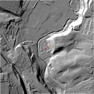 Shaded relief map of the ground around M95TH, computed from Environment Agency LiDAR. The ground here sits at about 42 m above sea level and falls 37 m across the surrounding 800 m. Surface water reaching this point runs off ground lying to the east, 17.1 m higher.