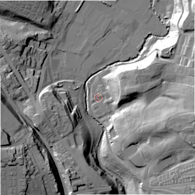 Shaded relief map of the ground around M95TP, computed from Environment Agency LiDAR. The ground here sits at about 41 m above sea level and falls 38 m across the surrounding 800 m. Surface water reaching this point runs off ground lying to the east-south-east, 4.2 m higher.