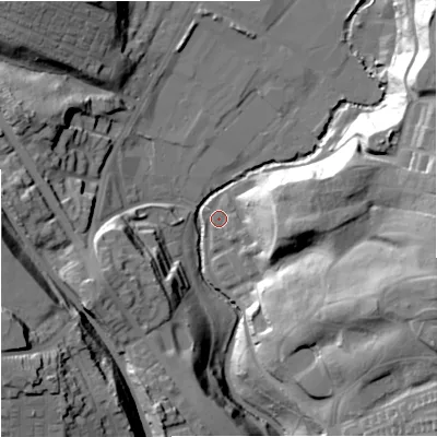 Shaded relief map of the ground around M95TQ, computed from Environment Agency LiDAR. The ground here sits at about 40 m above sea level and falls 38 m across the surrounding 800 m. Surface water reaching this point runs off ground lying to the south-east, 1.9 m higher.