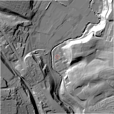 Shaded relief map of the ground around M95TR, computed from Environment Agency LiDAR. The ground here sits at about 40 m above sea level and falls 38 m across the surrounding 800 m. Surface water reaching this point runs off ground lying to the east, 2.5 m higher.