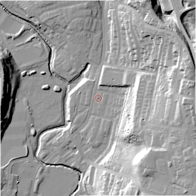 Shaded relief map of the ground around M98AW, computed from Environment Agency LiDAR. The ground here sits at about 52 m above sea level and falls 41 m across the surrounding 800 m. Surface water reaching this point runs off ground lying to the north-north-east, 3.3 m higher.