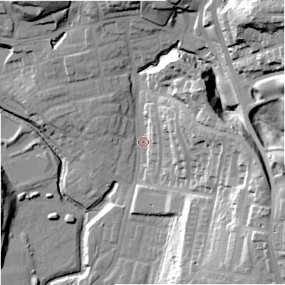 Shaded relief map of the ground around M98AZ, computed from Environment Agency LiDAR. The ground here sits at about 51 m above sea level and falls 42 m across the surrounding 800 m. Surface water reaching this point runs off ground lying to the north-east, 34.2 m higher.
