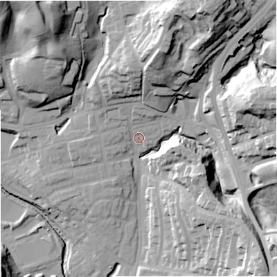 Shaded relief map of the ground around M98BZ, computed from Environment Agency LiDAR. The ground here sits at about 55 m above sea level and falls 45 m across the surrounding 800 m. Surface water reaching this point runs off ground lying to the north, 17.6 m higher.