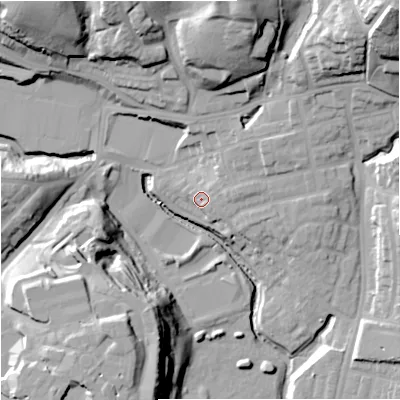 Shaded relief map of the ground around M98EP, computed from Environment Agency LiDAR. The ground here sits at about 52 m above sea level and falls 37 m across the surrounding 800 m. Surface water reaching this point runs off ground lying to the north-east, 4.8 m higher.