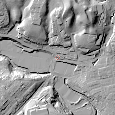 Shaded relief map of the ground around M98ES, computed from Environment Agency LiDAR. The ground here sits at about 54 m above sea level and falls 45 m across the surrounding 800 m. Surface water reaching this point runs off ground lying to the north-north-east, 38.8 m higher.