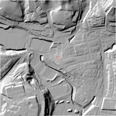 Shaded relief map of the ground around M98EZ, computed from Environment Agency LiDAR. The ground here sits at about 52 m above sea level and falls 39 m across the surrounding 800 m. Surface water reaching this point runs off ground lying to the north-east, 5.7 m higher.